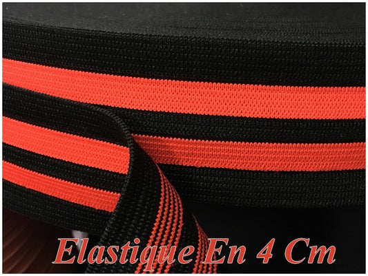Elastique Orange Fluo  Sur Fond Noir En 4 Cm, Ruban Plat Elastique  Au Mètre A Coudre .