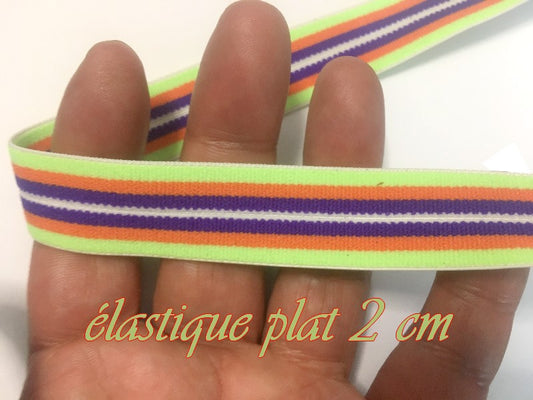 Elastique Plat Au Mètre en 20 mm A Rayure Anis, Orange, Et Violet  Pour La Couture.