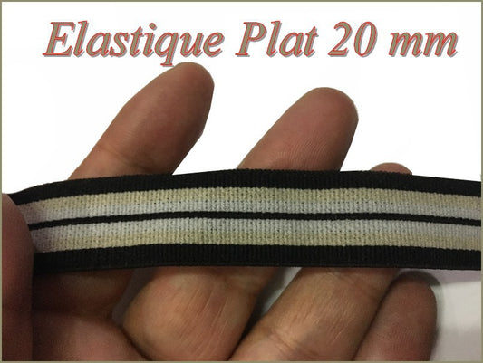 Elastique Plat Au Mètre en 20 mm A Rayure Beige Gris Et Noir Pour La Couture.