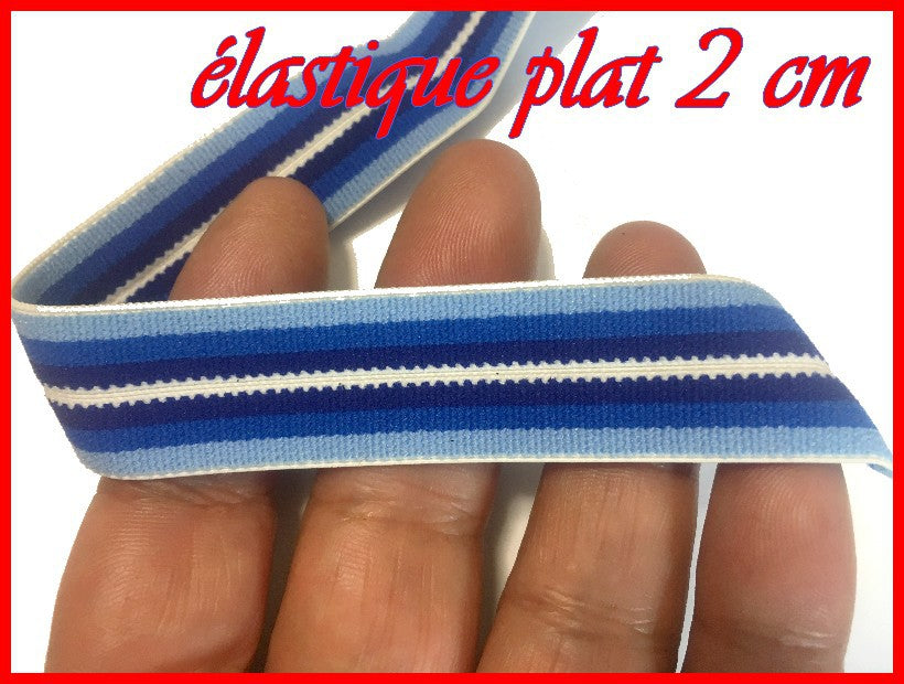 Elastique Plat Au Mètre en 20 mm A Rayure Bleu Indigo, Bleu Marine , Bleu Ciel Et Blanc  Pour La Couture.