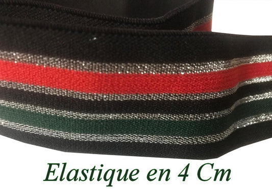 Elastique Rouge Vert et Argent lurex sur fond noir plat En 40 mm A Coudre