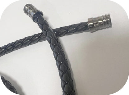 Cordon cuir Ciré Tressé Noir 140cm Ø10mm avec Embouts Argentés | Braided Waxed Cord Black 140cm