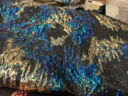 Tissu Brocart Iridescent sur Organza Noir – Reflets Bleu Canard et Or – 145 cm de Largeur