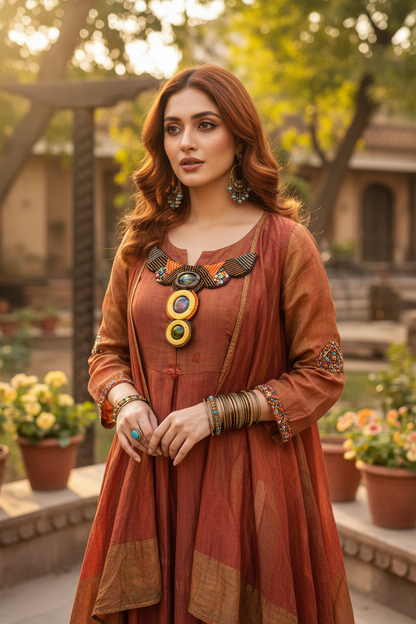 Patch Perles sur Résille Motif Ethnique - 11x12cm - Bronze Orange