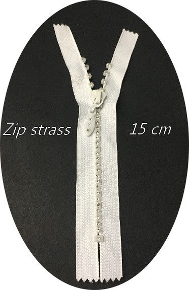 White rhinestone zip fasteners in 15 cm, non-openable, to sew.