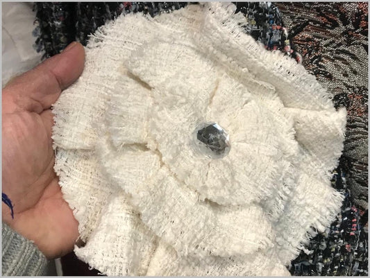 Chanel-style ivory fabric flowers adorned with rhinestones for customization