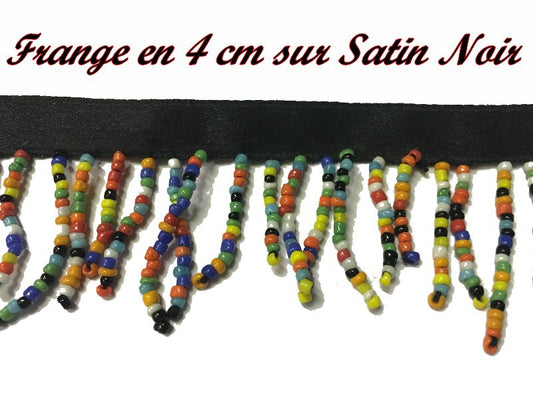Frange Au Mètre , Ruban Charleston En 4 Cm En Perles Multicolore Sur Satin Noir Pour Customisations Et Décorations De Vêtements