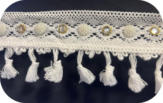 Frange coton blanche 8 cm avec perles et strass – Dentelle décorative pour couture, robe, décoration