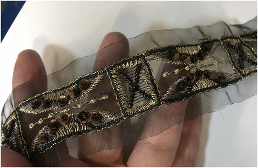 Gold Embroidery Trim on Black Mesh by the Meter
