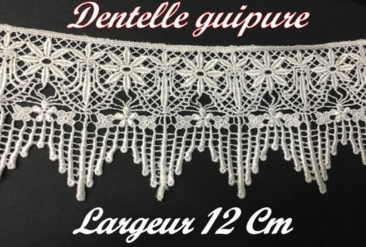 Guipure Lace Trim by the Meter in 12 cm White, in Flower Patterns for Customizations and Decorations.
