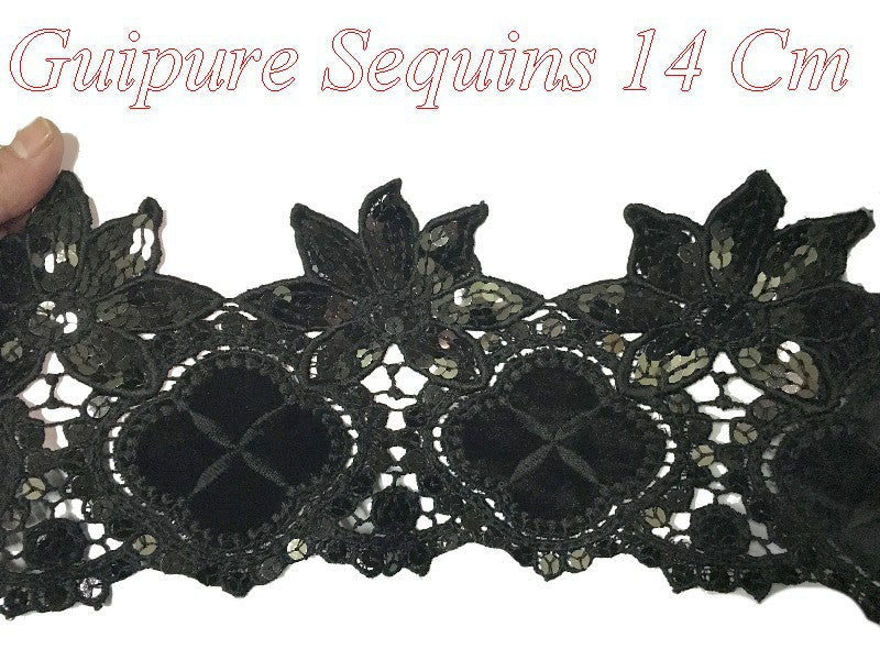 Guipure Lace Trim By The Meter In 14 Cm Black With Sequins And Glitter.