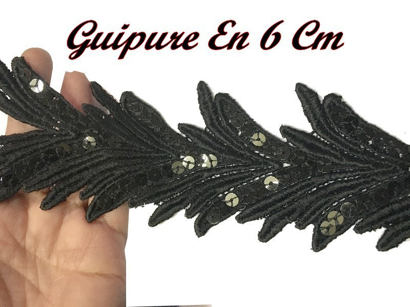 Guipure Lace Trim By The Meter In 6 Cm Black With Black Sequins