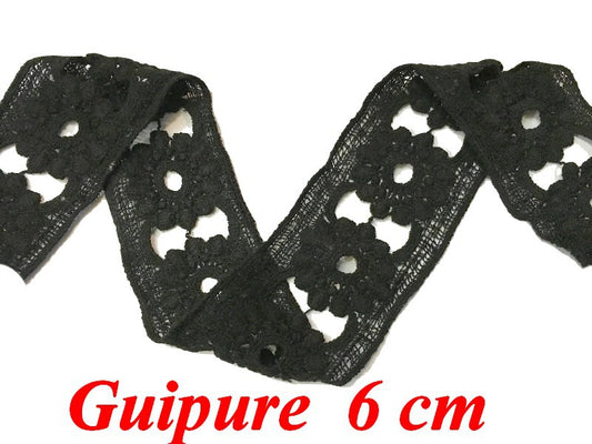 Guipure Lace Trim by the Meter in 6 cm Black, in Openwork Flower Patterns for Customizations and Decorations.