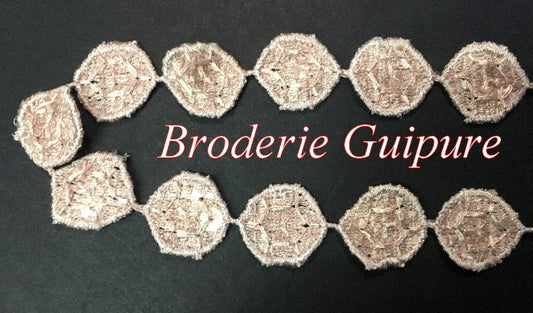 Guipure Lace Trim by the Meter in the Shape of an Old Pink Washer for Customizing Clothing and Lingerie.