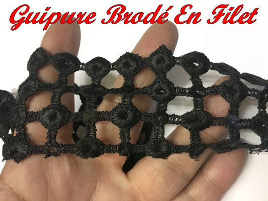 Embroidered Guipure Lace Trim By The Meter m Black With Black Sequins In 5 C