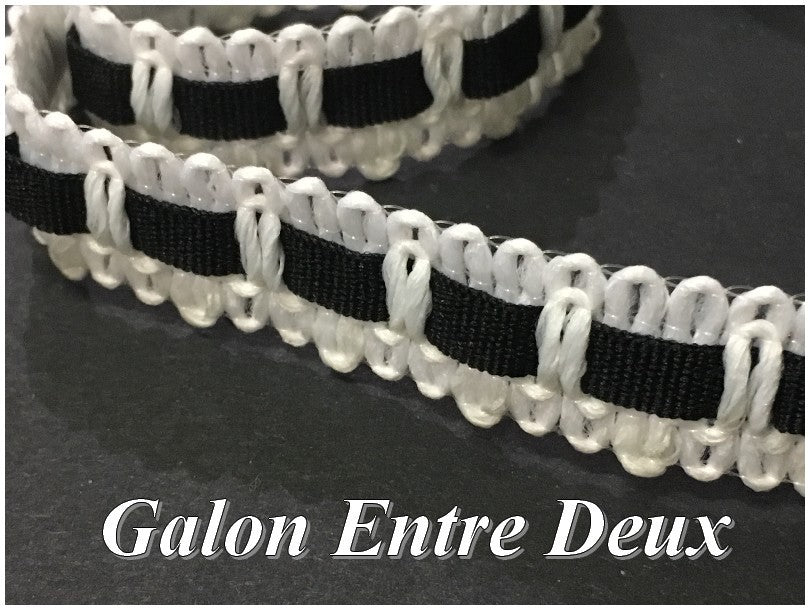 2 cm White Macrame Lace Trim with Black Grosgrain Interior for Sewing.