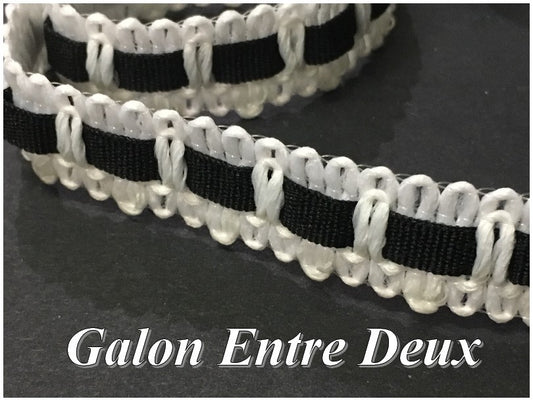 2 cm White Macrame Lace Trim with Black Grosgrain Interior for Sewing.