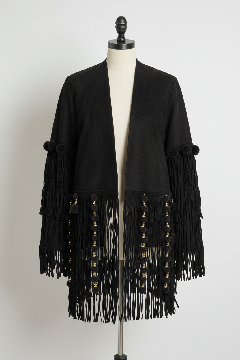 Galon franges daim noir sur veste