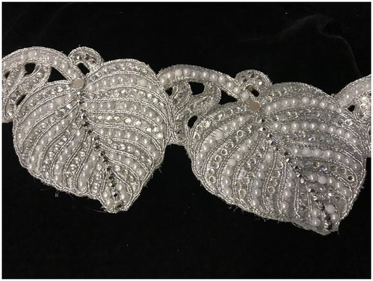 Galon Ruban Brodé Argenté En Perles Blanches Et Strass  Pour Décorations Caftans Et Customisations.