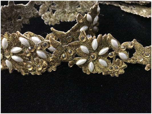 Galon Ruban Brodé Doré OR En Perles Blanches Et Strass thermocollant  Pour Décorations Caftans Et Customisations.