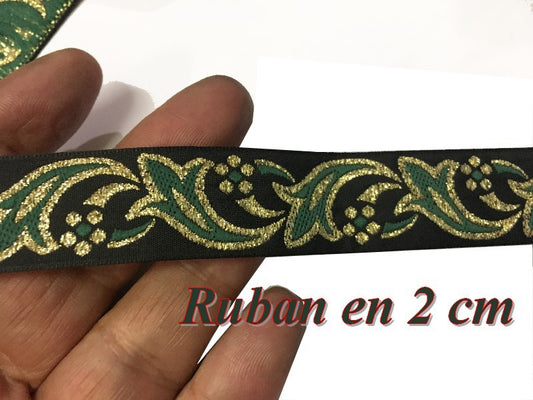 Galon Ruban Doré Or Fantaisie  Sur Fond Noir en 2 Cm.