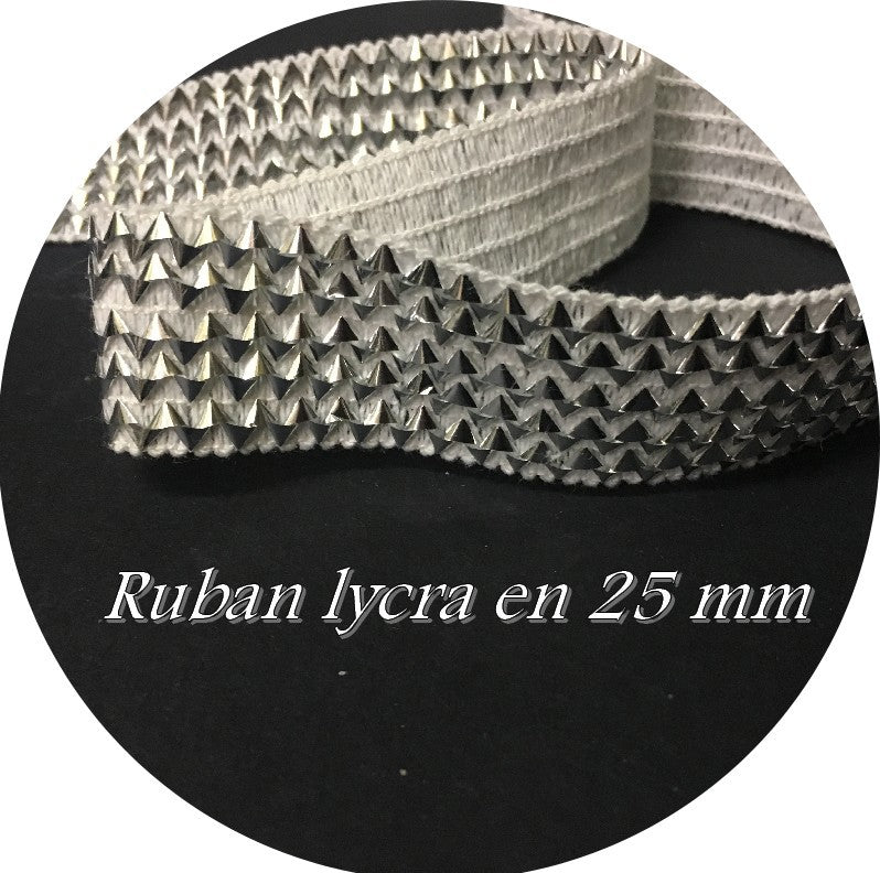 Galon Ruban Elastique En 25 mm Argent Sur Fond Blanc, Pour Lingerie, Et Customisations.