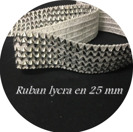 Galon Ruban Elastique En 25 mm Argent Sur Fond Blanc, Pour Lingerie, Et Customisations.