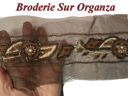 Galon Ruban En Broderie Perles Sur Oranza  En 12 Cm Choco   Pour Décorations Caftans Et Customisations.