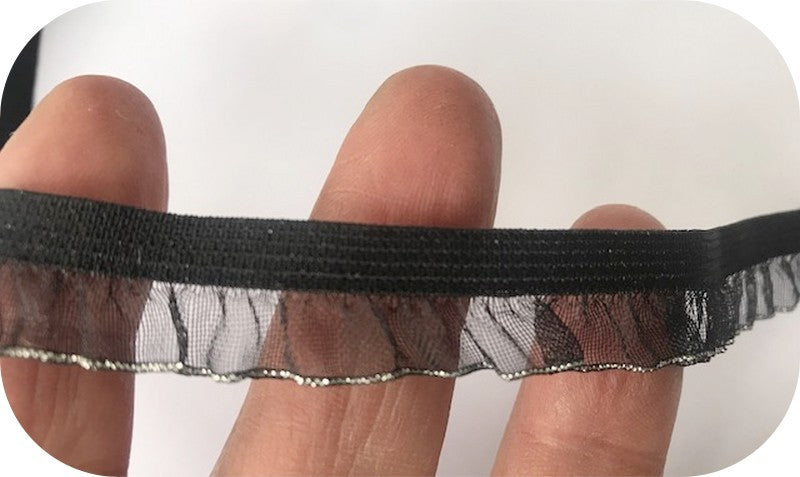 Galon Ruban Organza élastique En Noir FrouFrou Avec Finition Argenté A Coudre.