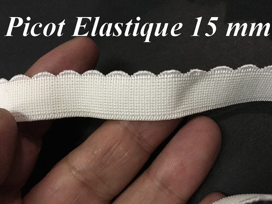 Galon Ruban picot Lycra En 15 mm Blanc Féstonné, pour lingerie, et Customisations.