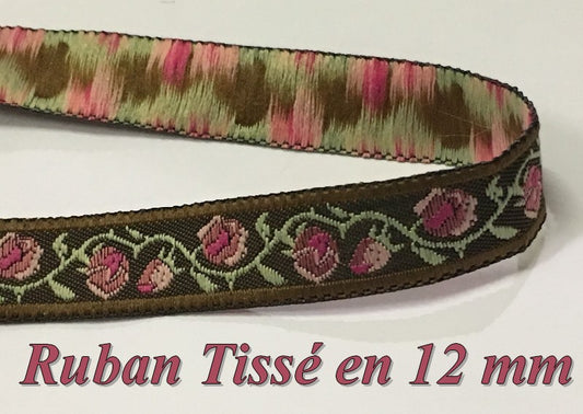 Galon Ruban Tissé En Motifs Fleurs Fantaisie  Sur Fond Marron En 12 mm.