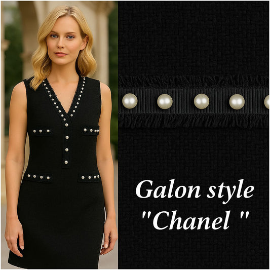 Galon Style Chanel avec Perles Nacrées – Ruban Noir Frangé 30 mm – Vente au Mètre