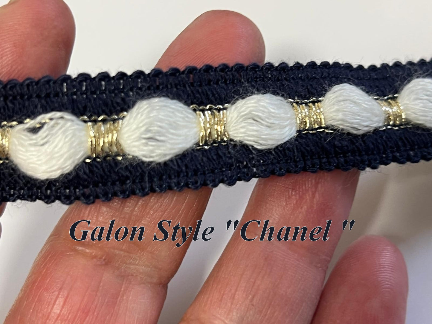 Chanel Style Braid – Navy Blue with Gold Threads and White Buckles Width: 20 mm | Haute Couture Finish | Sold by the meter