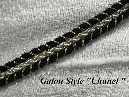 Galon Style " Chanel " Haute Couture – 14 mm avec Fil Doré - Élégance Haute Couture Noir, Blanc & Doré" .