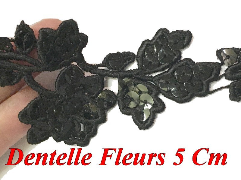 Guipure Lace by the Meter in 5 cm Decorated with Black Sequins for Customizations.