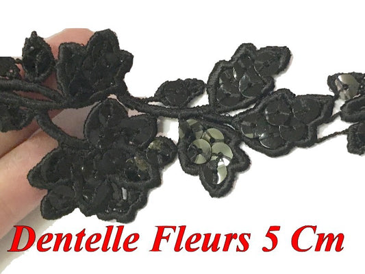 Guipure Lace by the Meter in 5 cm Decorated with Black Sequins for Customizations.