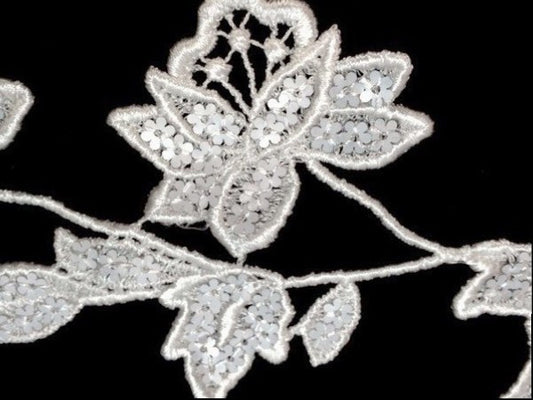 Guipure Lace in Flowers by the Meter Decorated with White Sequins, Customizations.
