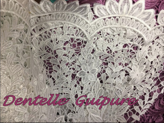 Guipure Lace Flowers By The Meter In Large Width White Fabric.