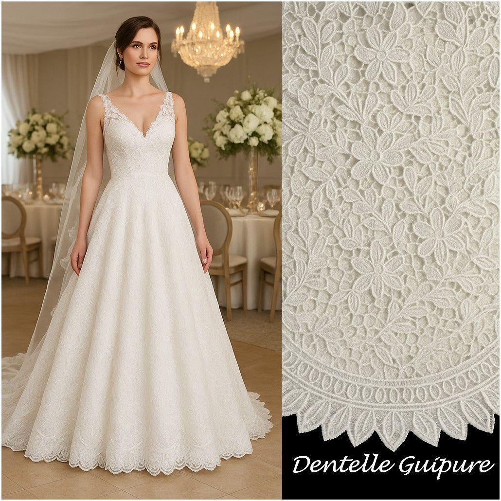 Guipure Dentelle Fleurs Au Mètre Pour Mariage et cérémonie En Tissu Grande Largeur Blanche.