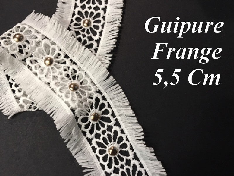 Guipure Dentelle  Frange Clous  Doré Or  En 5.5 Cm Blanche Au Mètre , A Coudre Pour Loisirs Créatifs, Customisations.