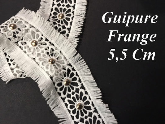Guipure Lace Fringe Gold Studs In 5.5 Cm White By The Meter, To Sew For Creative Hobbies, Customizations.