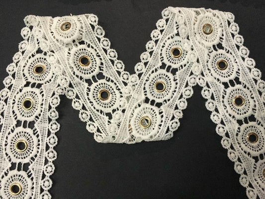 Guipure Lace Gold Eyelet in 5.5 cm White By The Meter, To Sew For Creative Hobbies, Customizations.