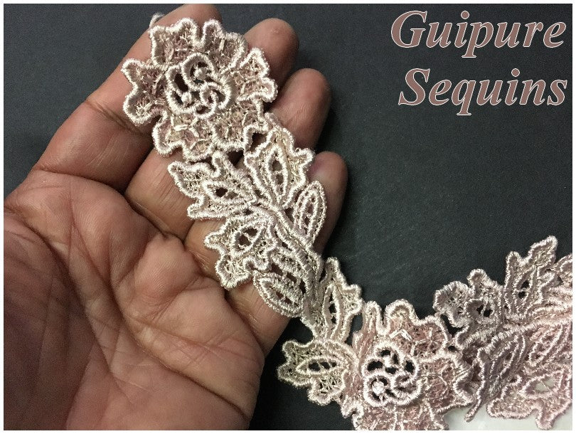 Guipure Flowers by the Meter in 6 cm Old Pink Decorated with Sequins.