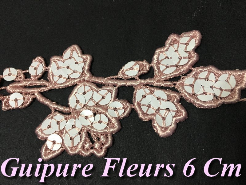 Guipure Flowers in 6 cm Pink Decorated with White Sequins for Customizations.