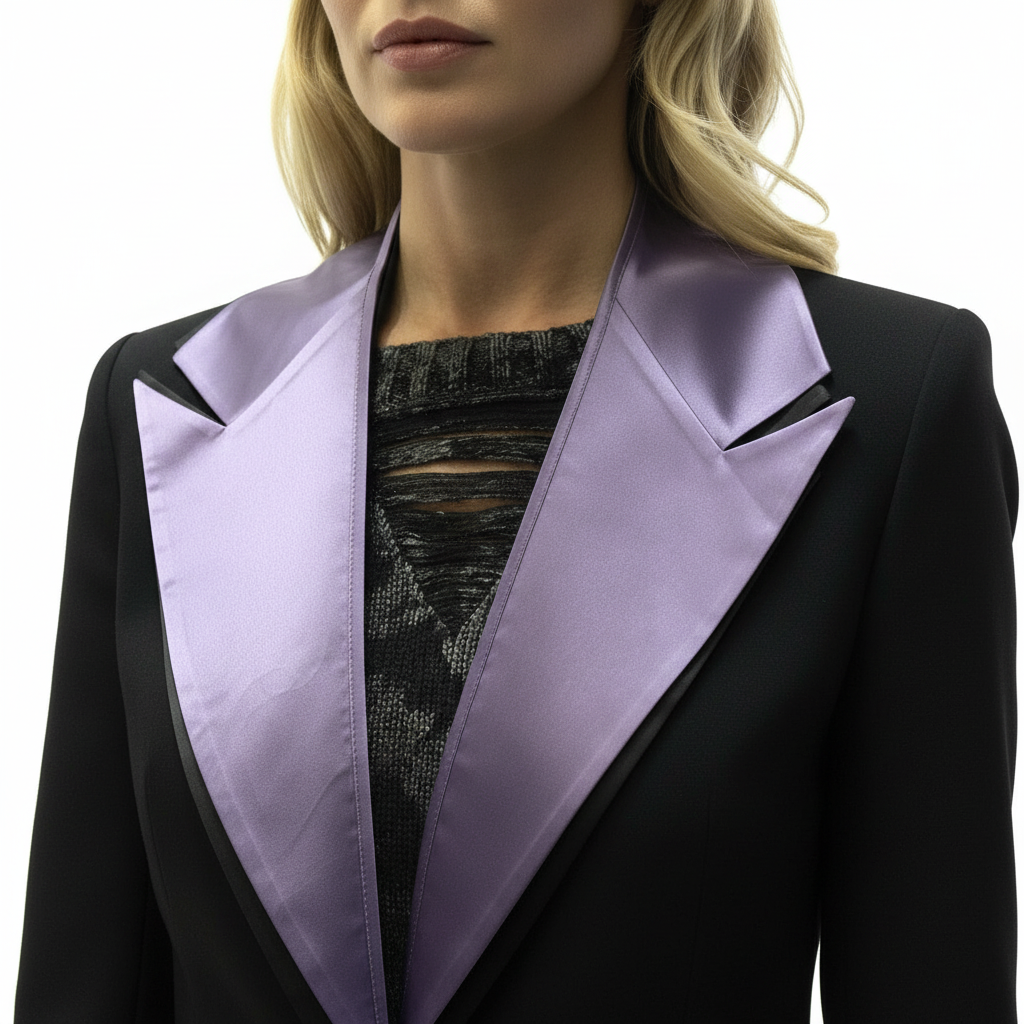 Col satin violet parme à coudre sur tailleur - détail encolure smoking
