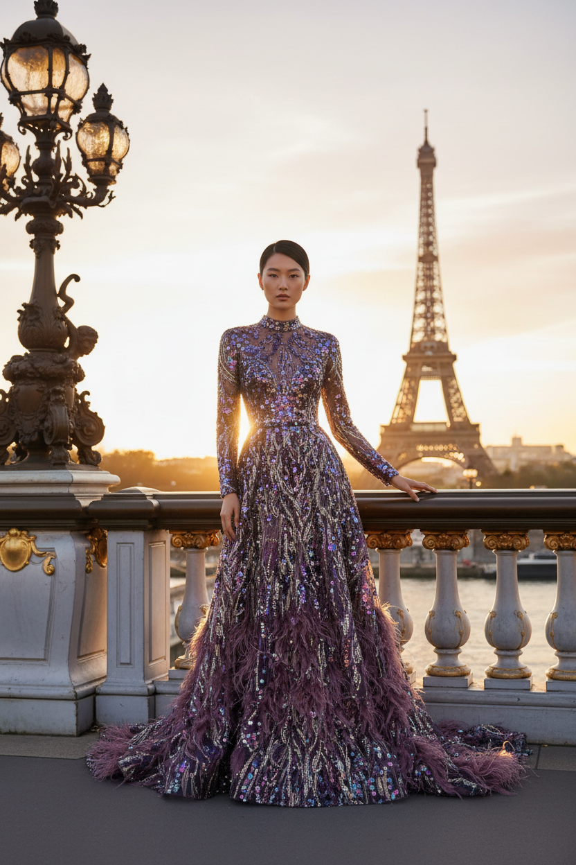 Jeune femme asiatique en robe haute couture tulle violet – Paris Tour Eiffel / Young Asian woman in purple tulle gown – Paris Eiffel Tower