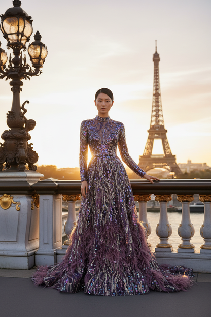 Jeune femme asiatique en robe haute couture tulle violet – Paris Tour Eiffel / Young Asian woman in purple tulle gown – Paris Eiffel Tower
