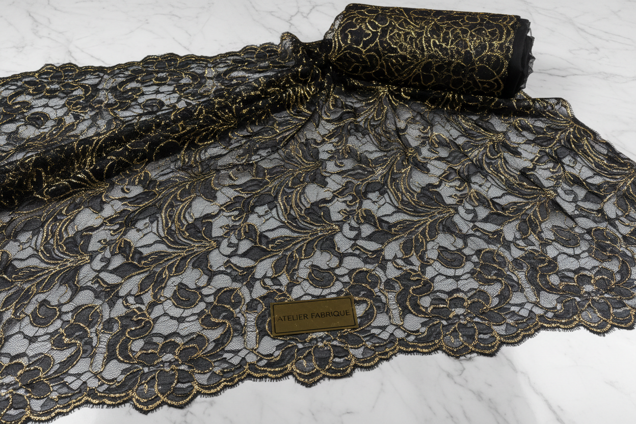 Dentelle ajourée stretch noire avec fil doré 150 cm - Tissu haute couture premium
