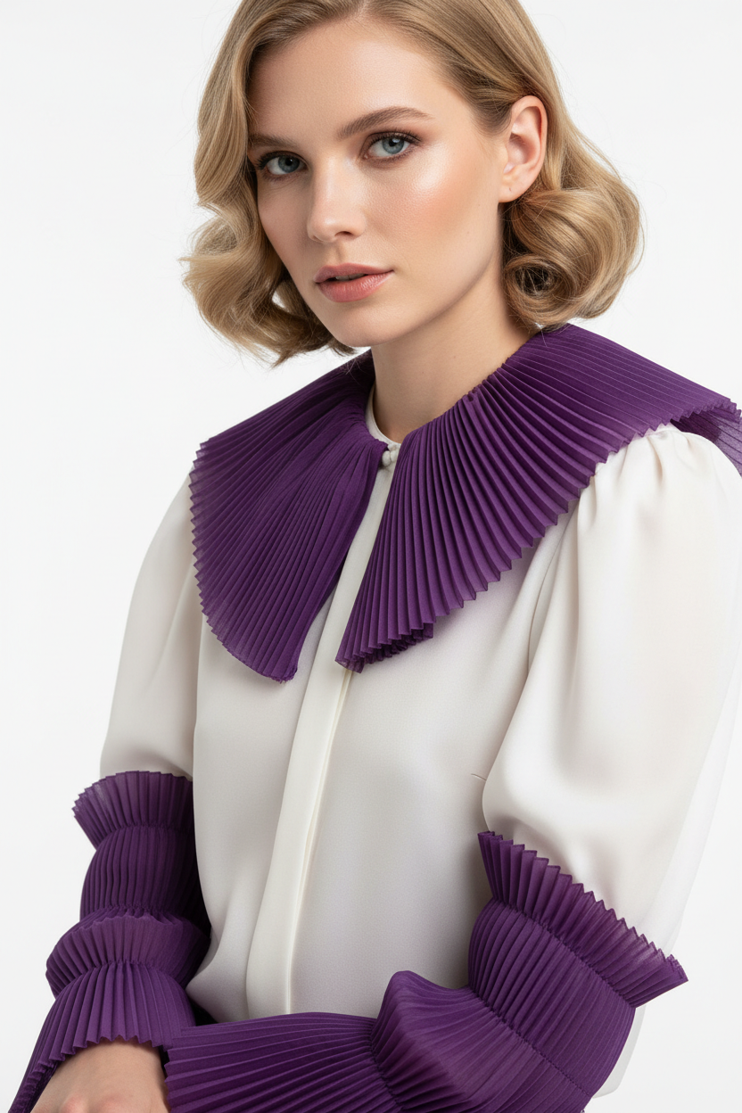 Chemisier blanc avec ruban mousseline plissé violet 12cm au col et manches