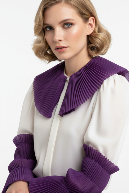 Chemisier blanc avec ruban mousseline plissé violet 12cm au col et manches